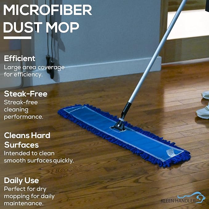 KLEEN HANDLER 6 Pack of 36 Inch Microfiber Dust Mop, Large Washable Commercial Mop Head Replacement, Sweeper, Janitorial Supplies, Blue