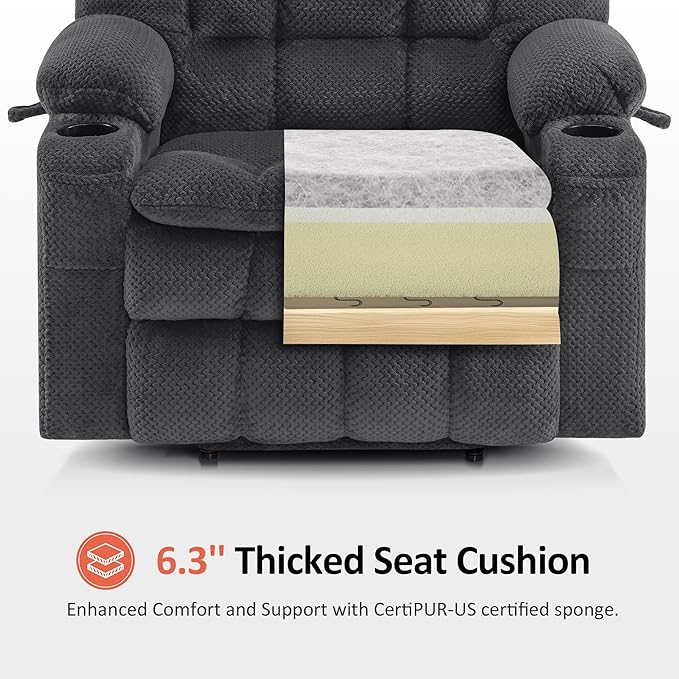 MCombo Dual Motor Power Lift Recliner Chair for Elderly, Lay Flat Lift Chair with Heat and Massage, Extra Wide Lift Recliner for Big People, Cup Holders, Fabric R7897 (Dark Gray, Medium-Wide)