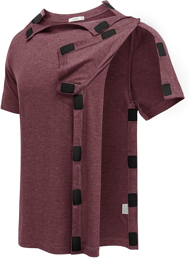 Deyeek Shoulder Post Surgery Recovery Shirts for Men Full Tear Away Short Sleeve T Shirt Adaptive Chemo Clothing