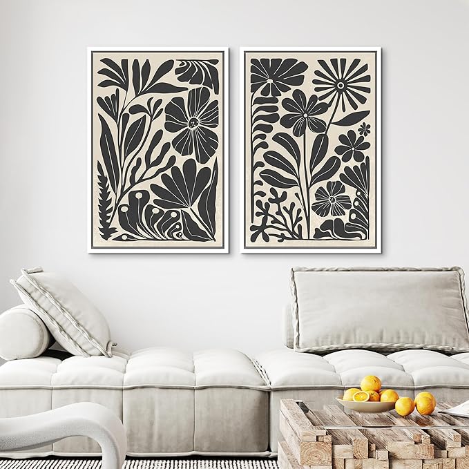 MUDECOR Framed Canvas Wall Art Abstract Floral Botanical Prints Minimalist Modern Art Boho Wall Decor for Bedroom - 16"x24"x2 White