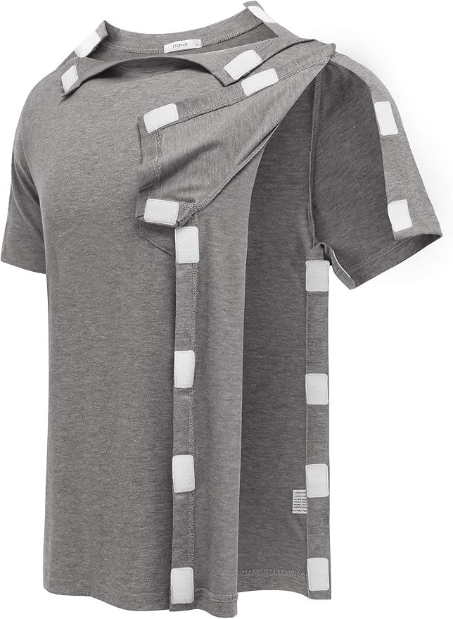 Deyeek Shoulder Post Surgery Recovery Shirts for Men Full Tear Away Short Sleeve T Shirt Adaptive Chemo Clothing