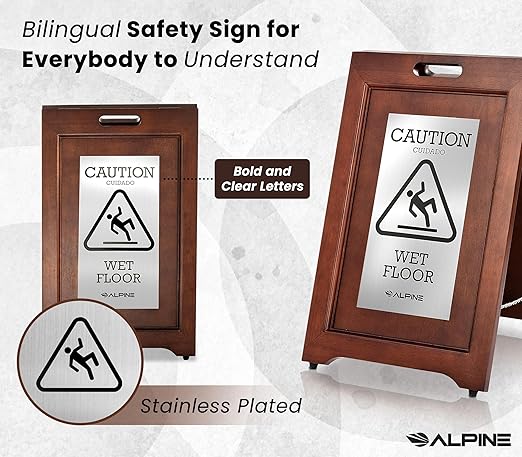 Alpine Wooden Wet Floor Sign – High-End Slippery When Wet Caution Sign, Bilingual English & Spanish, Stainless Steel Plate, Foldable, Rubber Tips, Safety Warning for Hotels, Restaurants & Offices