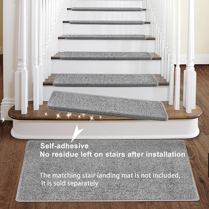PURE ERA Bullnose Carpet Stair Treads Set Tape Free Non-Slip Indoor Stair Protectors Pet Friendly Rugs Covers Soft Skid Resistant Washable Reusable 9.5" x 30"(2 Pieces,Gray)