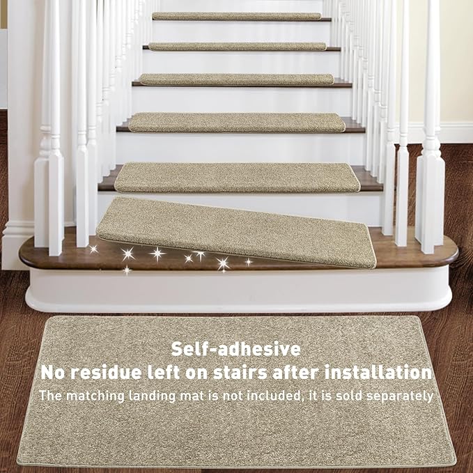 PURE ERA Bullnose Carpet Stair Treads Set Tape Free Non-Slip Indoor Stair Protectors Pet Friendly Rugs Covers Soft Skid Resistant Washable Reusable 9.5" x 30"(14 Pieces,Cream Gray)