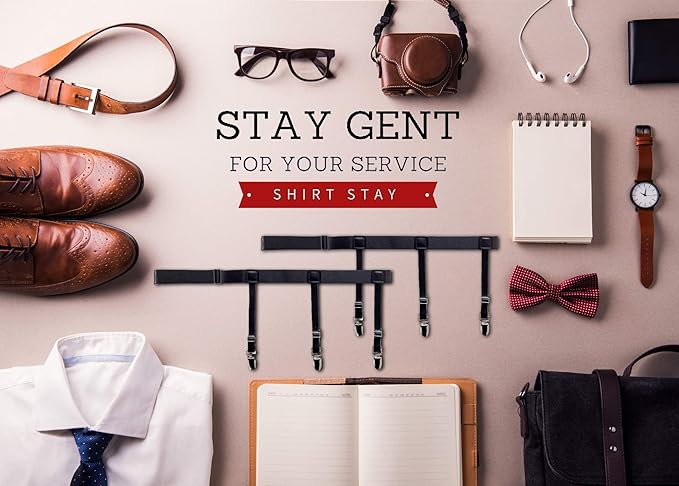 STAY GENT Y-Style Shirt Stays For Men with Non-Slip Locking Clamps and Adjustable Elastic Straps