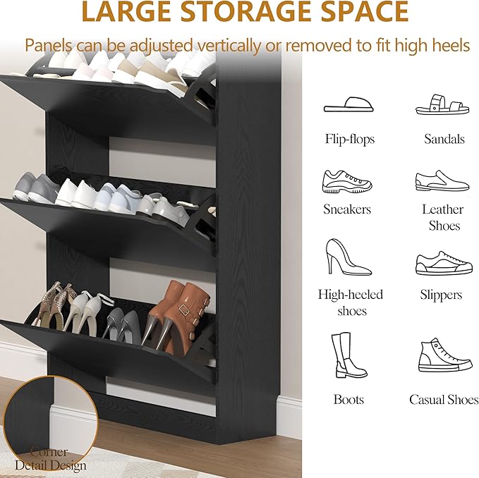Tall Shoe Cabinet with Coat Rack, Hidden Shoe Storage Cabinet with Doors & Drawer, Hanging Bar & Hooks, Slim Narrow Freestanding Shoe Rack Organizer for Entryway, Hallway & Living Room, Black