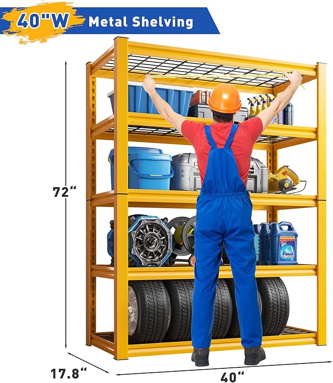 REIBII Storage Shelves, 40''W Garage Shelving, Heavy Duty Metal Shelving 2000LBS, Metal Shelves 5 Tier Industrial Shelf for Kitchen Pantry Warehouse Basement 72" H x 40''W x 17.8''D, Yellow