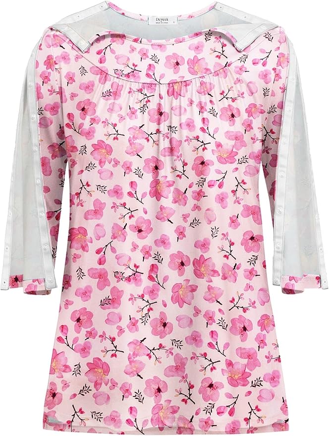 Deyeek Post Shoulder Surgery Shirt for Women Chemo Tear Away Shirt Snap Button 3/4 Sleeve Recovery Adaptive Clothing