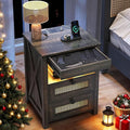 Night Stand with Gun Drawer, Bedside Table with Charging Station & LED Light, Gun Nightstand for Bedroom Living Room, Farmhouse End Table, Rustic