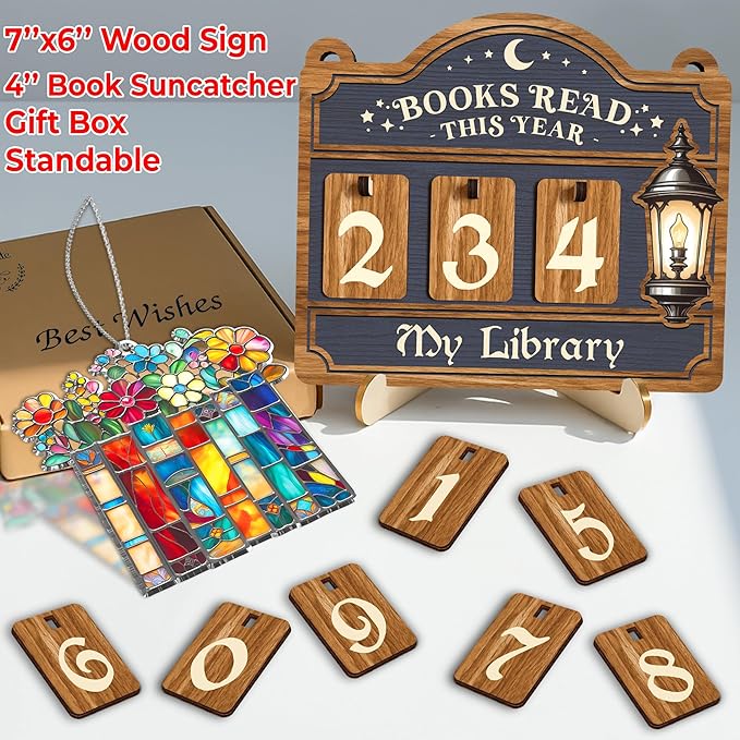 Books Read This Year Counter, Reading Tracker Sign for Home Library Decor, Book Suncatcher Ornament, Book Lover Gift for Librarian, Reader, Teacher, Women, Bookshelf Accessories for Wall & Table FF754