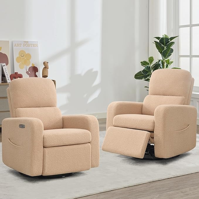 Power Swivel Rocker Recliner, Oversized Boucle Electric Recliner Chair, Swivel Glider Nursery Reclienr with Removable Cushion, Upholstered Recling Chair for Living Room Bedroom, Teddy Camel