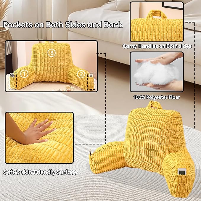 Reading Pillow for Sitting in Bed, Large Backrest Reading Pillow with Arm Rest,Back-Rest Support Cushion for Sit Up on Couch, Sofa, and Floor, Dorm Essentials (Yellow Corduroy, Large(19"))