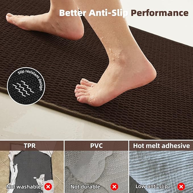 Bathroom Rugs Non Slip Washable, Super Absorbent Thin Bath Mat Quick Dry Low Pile Bathroom Rug, Brown 20"x48"