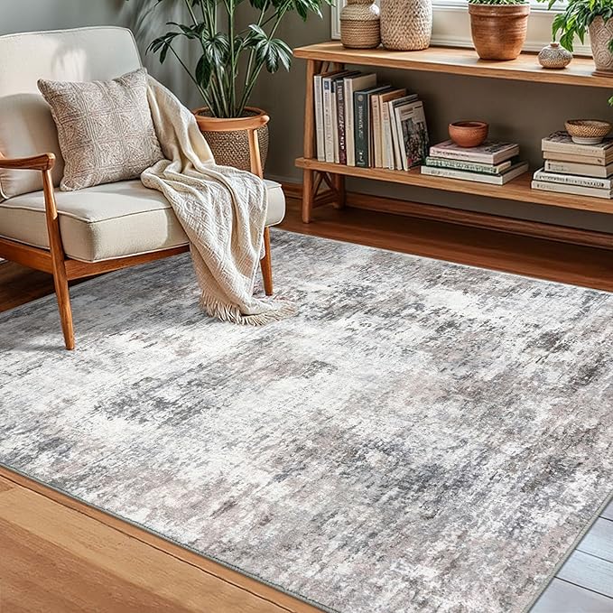 Modern Abstract Small Area Rug Indoor 3x5 Washable Rug Non-Slip Soft Beige Grey Neutral Entryway Rug Kitchen Mats Thin Print Faux Wool Floor Carpet Throw Rugs for Entrance Bedroom Home Decor