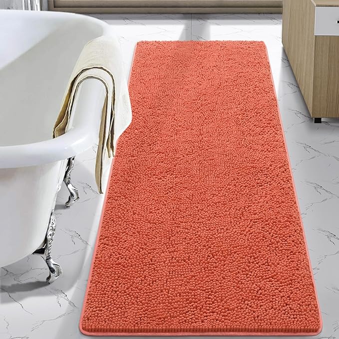 LOCHAS Luxury Bathroom Rug Shaggy Bath Mat 24 x 60 Inch, Washable Non Slip Bath Rugs for Bathroom Shower, Soft Plush Chenille Absorbent Carpets Mats, Peach
