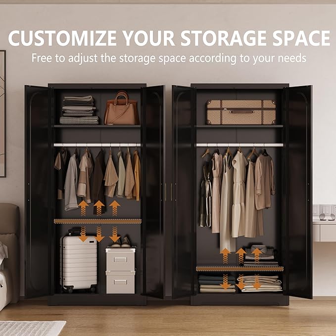 Metal Armoire Wardrobe Closet with Hanging Rod, 71" Tall Wardrobe Cabinet for Clothes, Black Clothing Storage Cabinet with Doors and Shelves, Large Wardrobes for Bedroom, Office, Employee