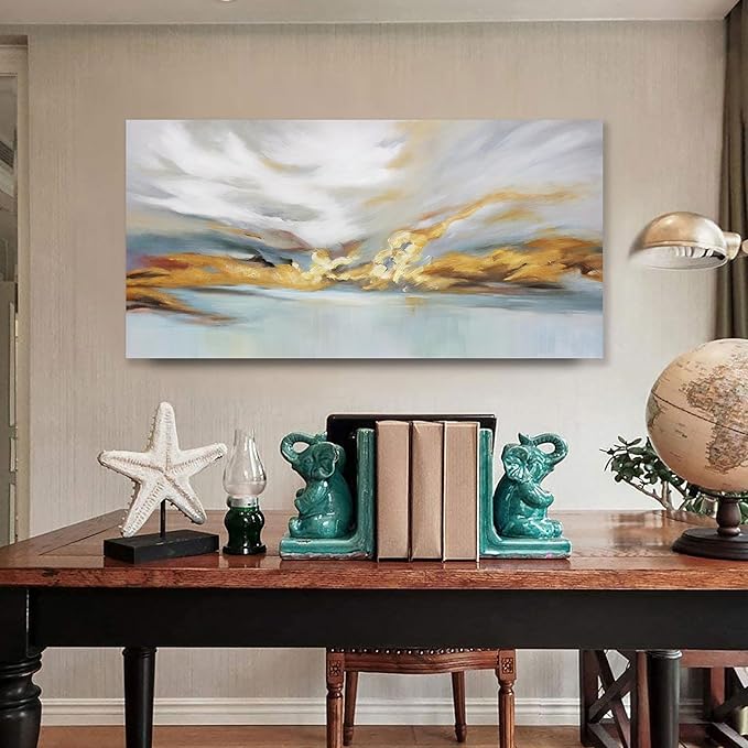 Glvzygy Modern Abstract Wall Art Wall Decor Greyish White Gold and Blue Abstract Wall Art Canvas Abstract Wall Art for Living Room Bedroom Dining Room Home Office Decor 20"x40"