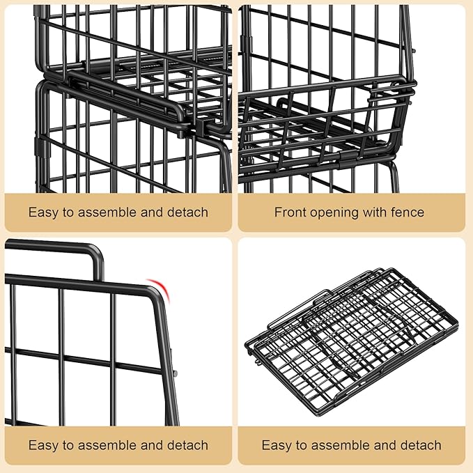 4 Pack Stackable Pantry Organizer and Storage Baskets, Foldable Wire Baskets for Pantry Storage, Large Pantry Organizers for Fruit, Vegetable, Snack, Bread, Produce Storage – Black