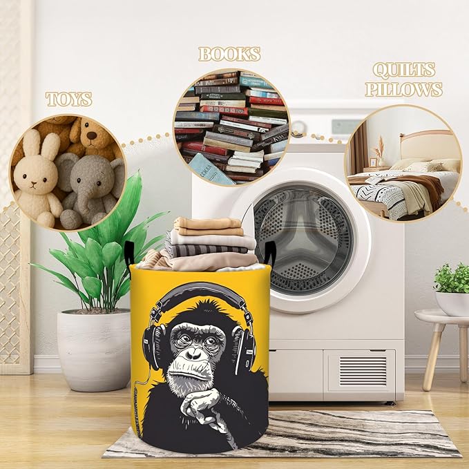 Funky Monkey with Headphones Laundry Basket, Dorm Nursery Foldable Laundry Hamper Organizer for Bathroom Decor, Toy Clothes Storage Box for Bedroom 19.7x15.7 Inch