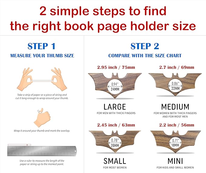 Bat Thumb Book Page Holder, Smooth Finish Walnut Wood Book Holder for Reading, Ideal Book Reader Gifts & Reading Accessories,Book Worm Gifts for Women, Thumb Book Page Holder - Book Lover Gifts