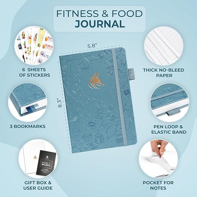Clever Fox Fitness and Food Journal Premium – Guided Daily Workout, Meal & Weight Loss Tracker for Women & Men – Exercise Diet Planner (Aquamarine)