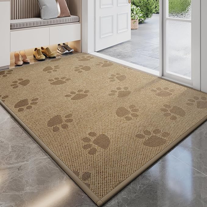 Door Mat Indoor Entrance 17"x30", 0.16" Thin Paw Print Low Pile Doormat, Non Slip Welcome Mat, Trap Dirt and Moisture, Easy Clean, Brown