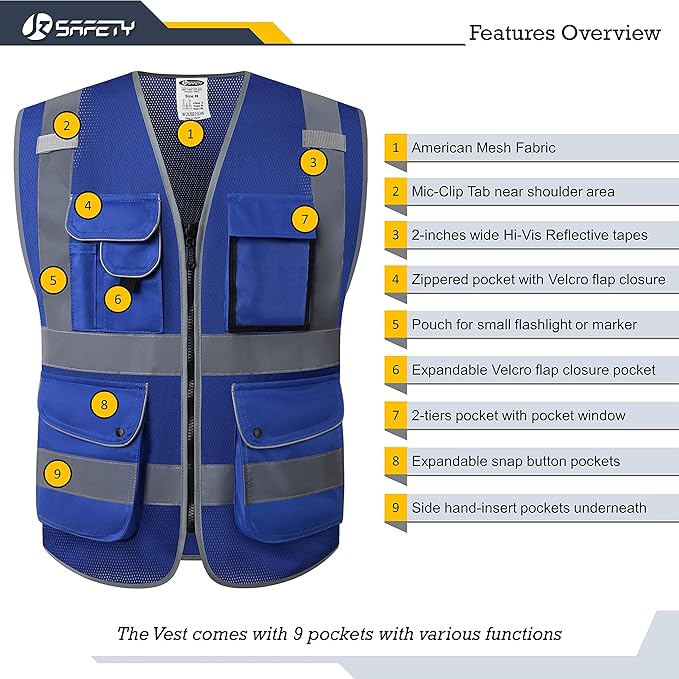 JKSafety 9 Pockets High Visibility Safety Vest for Men and Women, Hi-Vis Reflective Blue Safety Vests with Zipper Front, Meet ANSI/ISEA Standards (159-Blue XXL)