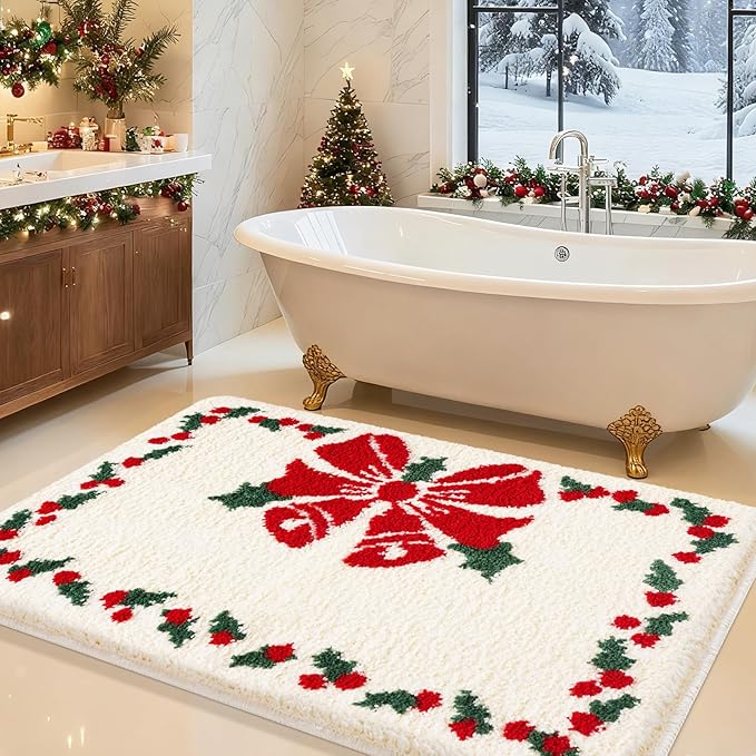 Christmas Bathroom Rug 36"x24", Extra Soft Absorbent Microfiber Thick Plush Fluffy Bathroom Rugs, Non-Slip Backing, Machine Washable Bath Rugs, Holiday Xmas Decor Indoor Bath Mats, White, Xmas Bell