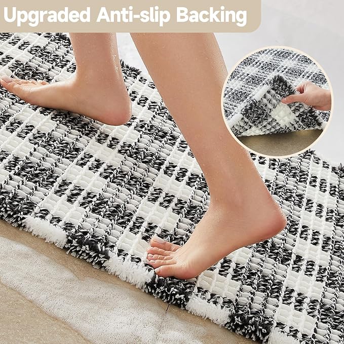 Waffle Bath Mat, Boho Bathroom Rugs Non Slip Washable Absorbent Checkered Bathroom Mat Quick Dry Farmhouse Bathroom Decor, 30"x20" Black and White