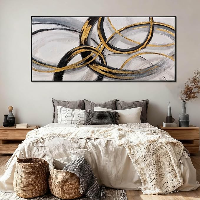 Black and Gold Line Wall Art Abstract Wall Decor Neutral Canvas Posters 32"x70" Large Framed Art for Living Room Office Pictures