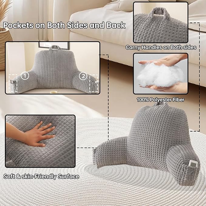 Reading Pillow for Sitting in Bed, Large Backrest Reading Pillow with Arm Rest,Back-Rest Support Cushion for Sit Up on Couch, Sofa, and Floor, Dorm Essentials (Grey Flannel, Standard(17inch))