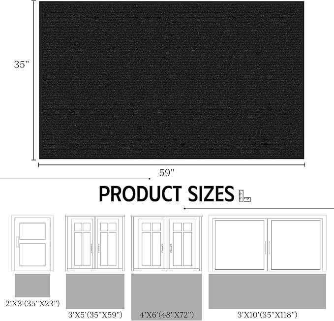Front Door Mat 3' x 5', Low Profile Heavy Duty Door Mat Outside Entrance, Non-Slip Large Commercial Floor Mat, Absorbent & Resist Muddy Dirt, Easy Clean Welcome Entry Mat Indoor Outdoor, Black