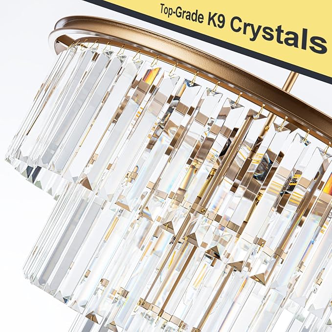 12-Light 23.64" Gold Modern Crystal Chandelier Crystal Pendant Chandeliers Light Fixture 3-Tier Hanging Lighting for Living Dinning Room Bedroom Foyer