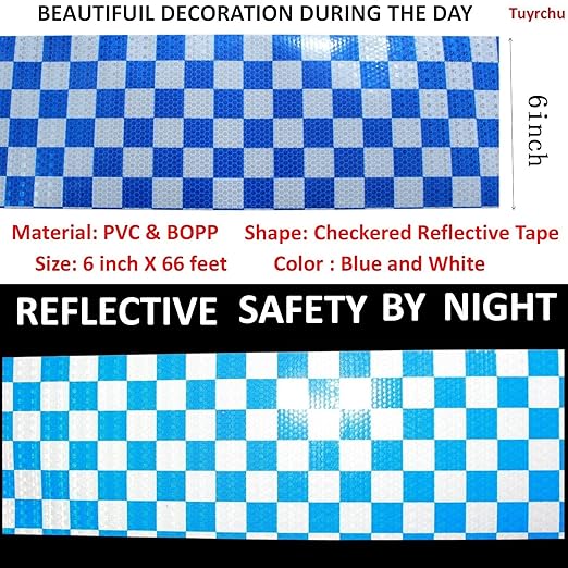 Reflective Tape Blue and White 6 inch X 66 feet, Outdoor Waterproof Hazard Conspicuity Warning Industrial Marking Tape