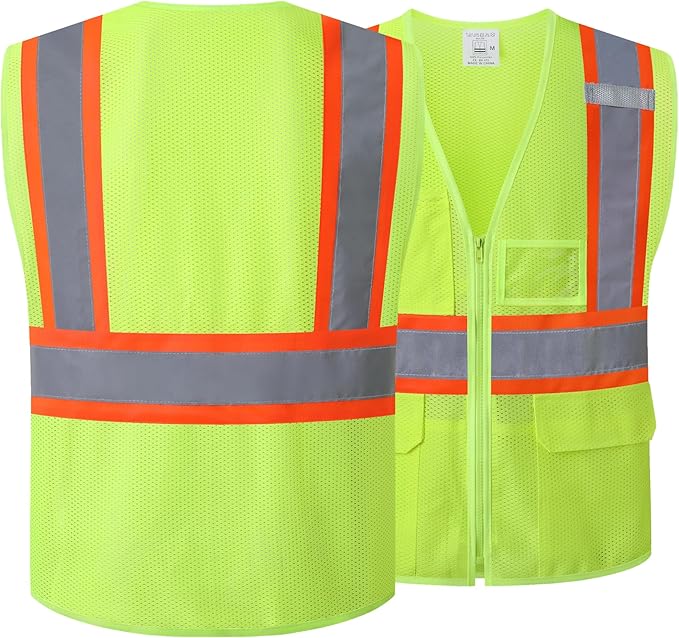 Reflective Safety Vest for Men Women Hi Vis Vest with Pockets High Visibility Vest Mesh Construction Vests Meets ANSI/ISEA Standards (Yellow-33, Medium)