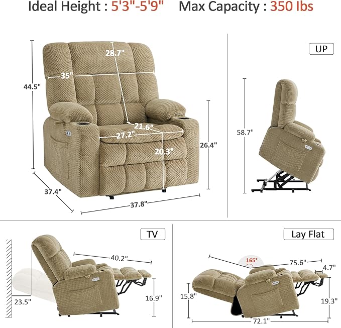 MCombo Dual Motor Power Lift Recliner Chair for Elderly, Lay Flat Lift Chair with Heat and Massage, Extra Wide Lift Recliner for Big People, Cup Holders, Fabric R7897 (Medium-Wide, Beige)