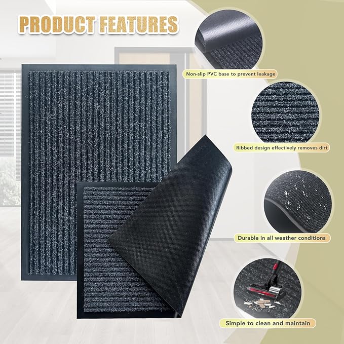Front Door Mat,2'x4'Indoor Outdoor Door Mat,Heavy Duty Durable Welcome,Commercial Floor Mats Inside Outside Entrance, Waterproof All-Season, All-Weather Non Slip Backing Doormat for Entryway,Black
