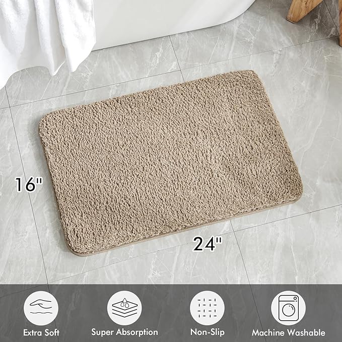 MIULEE Extra Thick Non Slip Bathroom Rug Shaggy Soft Bath Mat Plush Microfiber Absorbent Water for Shower Tub Machine Washable (Tan, 16x24 Inches)