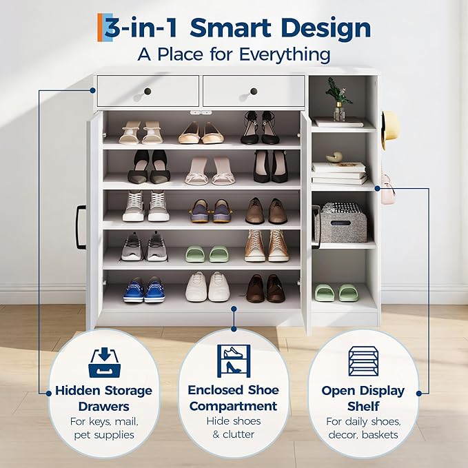 Shoe Cabinet for Entryway with Doors & 3 Open Racks, 4 Adjustable Shelves Storage Organizer for Hallway, Closet, Living Room