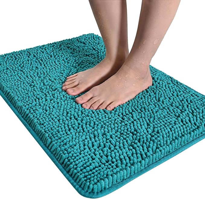 LOCHAS Luxury Bathroom Rug Shaggy Bath Mat 20 x 30 Inch, Washable Non Slip Bath Rugs for Bathroom Shower, Soft Plush Chenille Absorbent Carpets Mats, Teal Blue