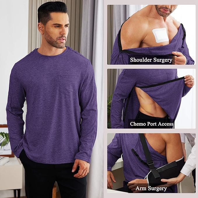 Deyeek Men's Post Shoulder Surgery Recovery Shirts Full Tear Away Long Sleeve Snap Chemo Port Access Shirt