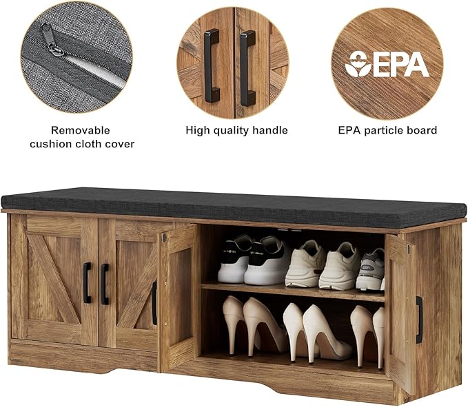 2-Tier Storage Bench, 47.2" Wide Shoe Bench with Padded Seat Cushion, Entryway Bench with 4 Barn Doors and Adjustable Shelf, Rustic Walnut