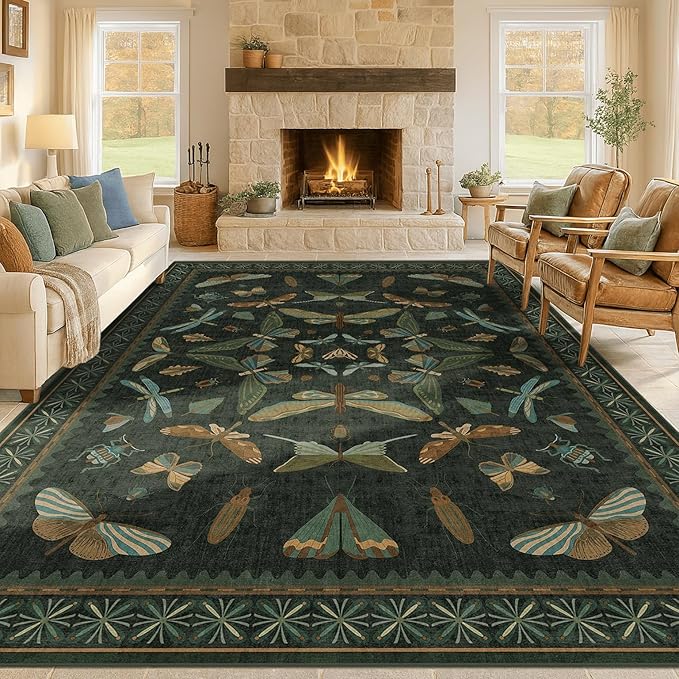 Green Living Room Rug - Vintage Washable Dark Green 10x14 Rug for Dining Room Under Table, Bedroom, Insect Moth Floral Design, Non-Slip Soft Low Pile