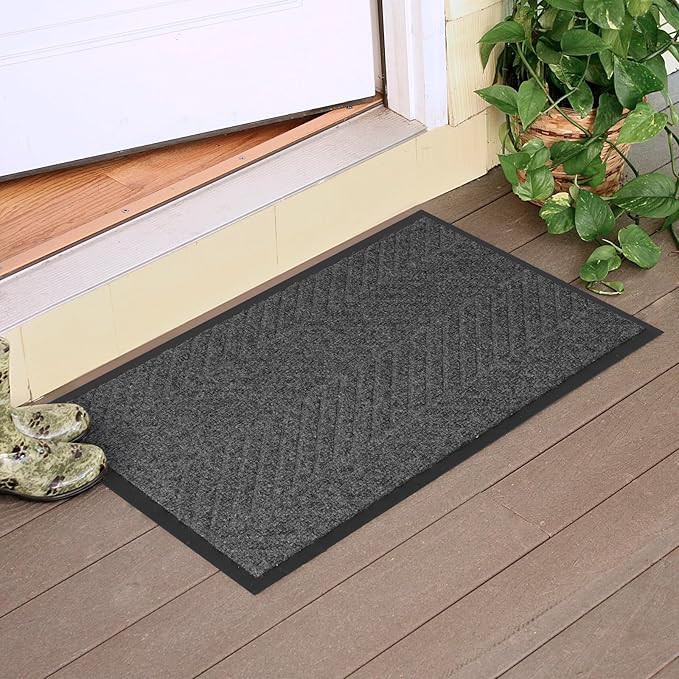 16" x 32" Charcoal Grey Front Door Mat Indoor Outdoor, Low Profile Welcome Doormat for Entrance, Waterproof All-Weather Entry Mat for High Traffic Area