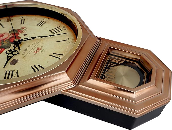 JUSTIME Traditional Schoolhouse Classic Vintage Rose Regulator Wall Clock, Chiming Wall Clocks with Pendulum & Westminster Chime Hourly, Schoolhouse Wall Decor Battery Operated (Vintage Copper)