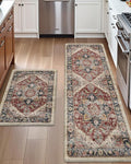 DEXI Kitchen Floor Mats Anti Fatigue, 17x29+17x59 Large Cushioned Runner Rug Waterproof, Standing Comfort Memory Foam Padded for Front Sink Laundry Office Set of 2, Beige and Red