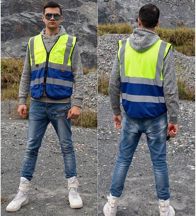 zojo High Visibility Safety Vests With Pockets, Pack of 10,Wholesale Reflective Vest for Outdoor Works, Cycling, Jogging, Walking,Sports - Fits for Men and Women(XL- Mesh-Mix Yellow & Blue)