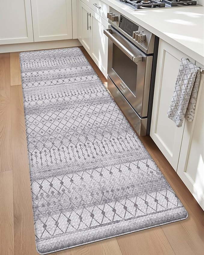 Color&Geometry Kitchen Floor Mats Anti Fatigue, Cushioned Boho Rugs,Waterproof Non Slip Kitchen Runner for Sink, Standing Mats for Office,24"x87",Grey