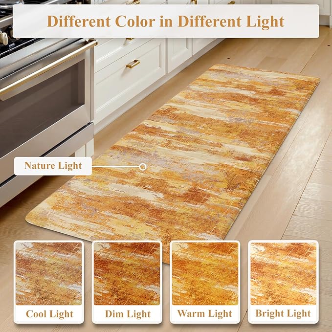Collive Kitchen Mats Cushioned Anti Fatigue, Fall Modern Abstract Kitchens Floor Mat Non Skid Waterproof Sink Rugs, Memory Foam Comfort Standing Carpet for Office, 20" x 47" + 20" x 32"-Orange