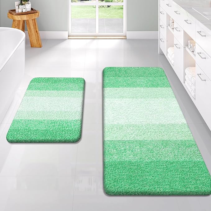 OLANLY Bathroom Rug Set 2 Piece, Soft Absorbent Microfiber Bath Rug Set, Non-Slip, Machine Wash Dry, Plush Shaggy Bath Mats for Bathroom (47"x20"+24"x16", Green)